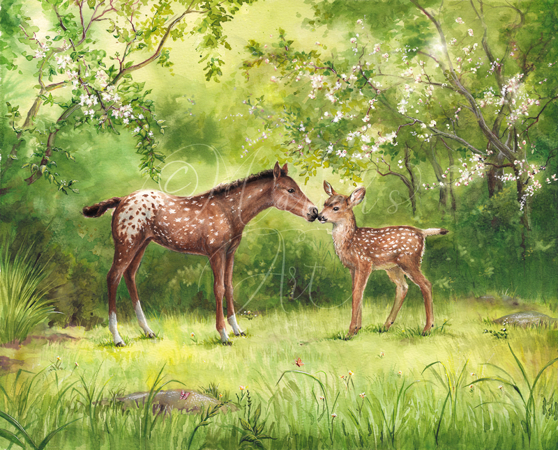 snowflake appaloosa foal kisses mule deer fawn