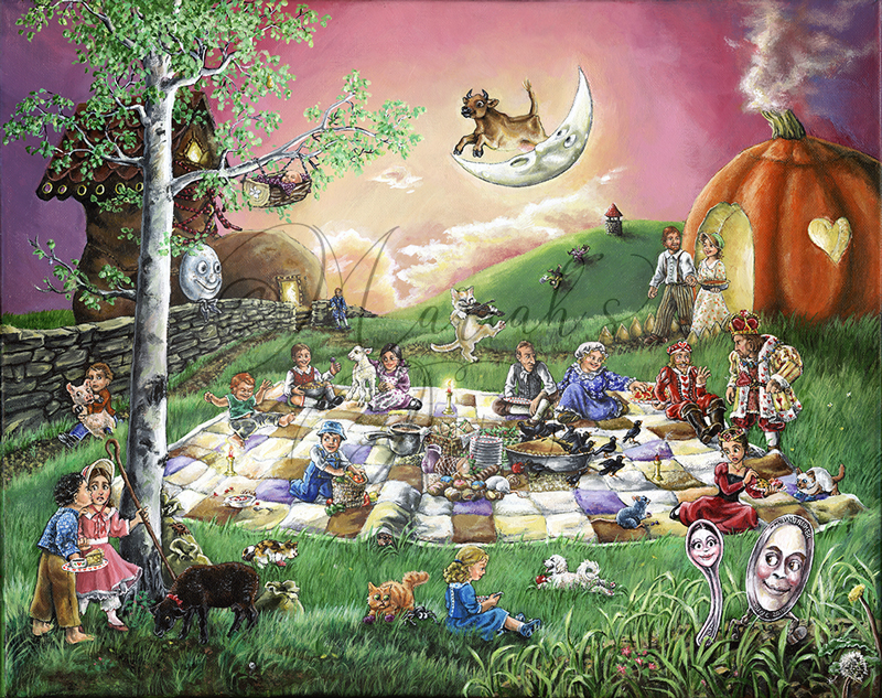 nursery rhyme characters having a picnic