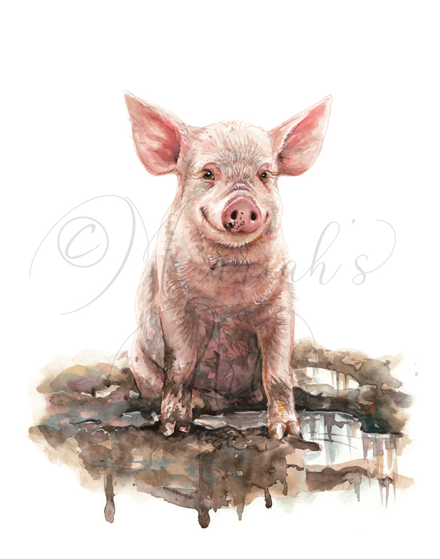 happy pig sitting in a puddle