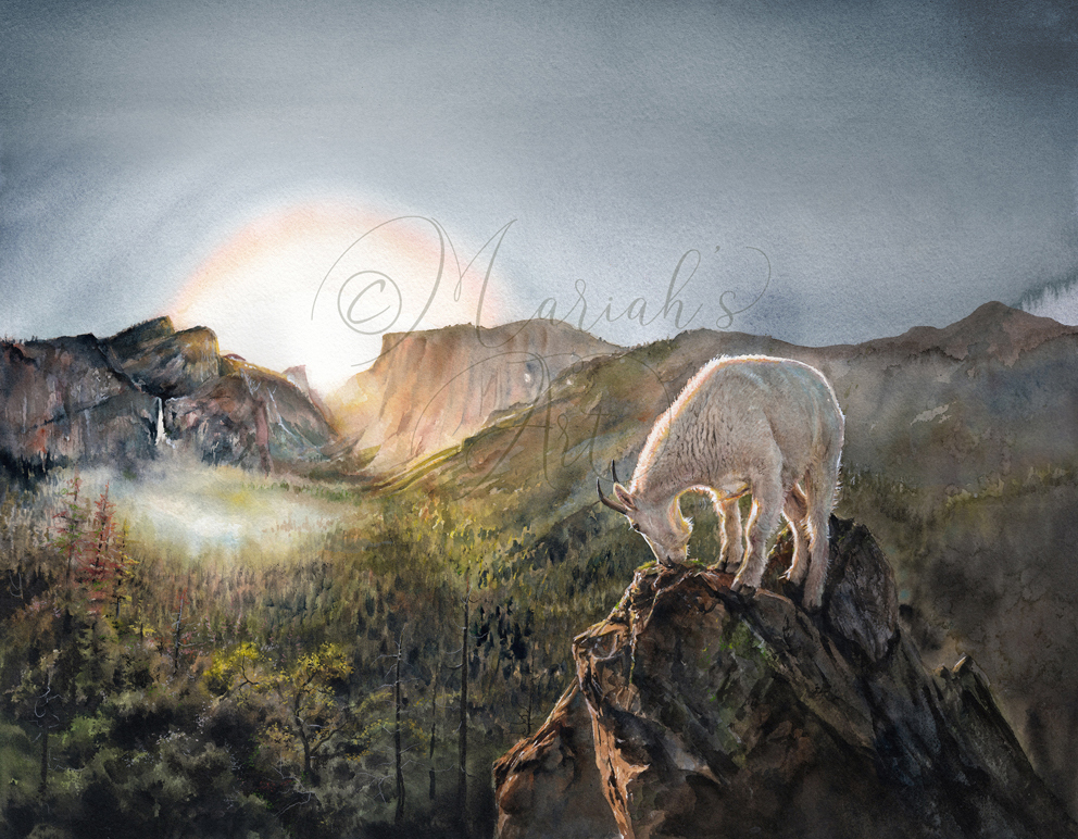 Mountain goat browse atop mountain peak watercolour