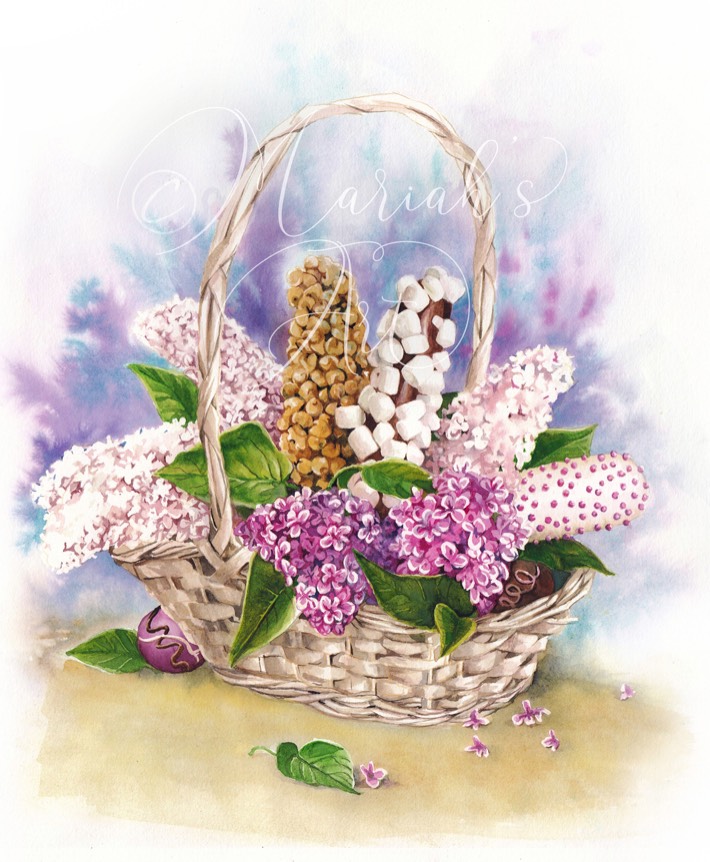 may basket full of lilacs and confenctionery shaped like flowers