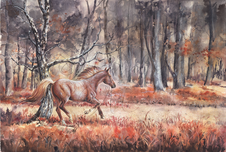 red roan horse gallops through autumn forest watercolour painting