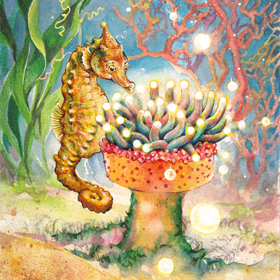 seahorse and birthday anenome cake in watercolour