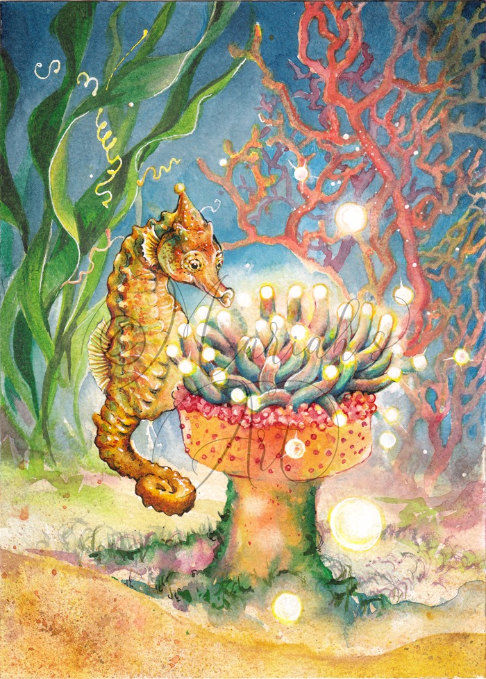 whimsical painting of a seahorse with a birthday hat and birthday anemone cake