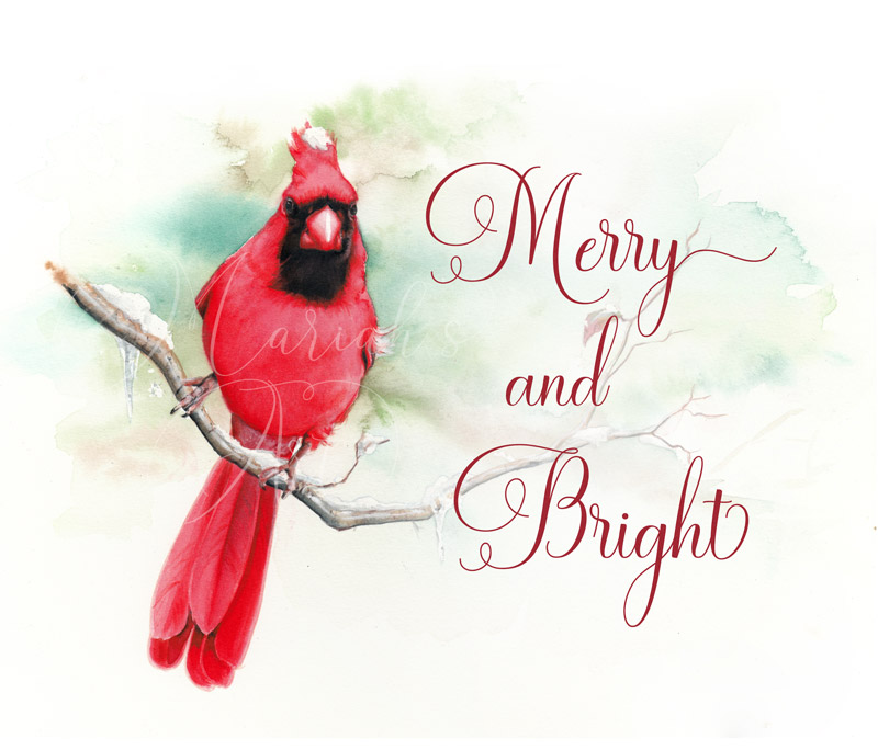 cardinal bird beside text merry and bright