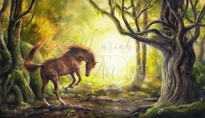 chestnut horse rears in ancient forest watercolour painting