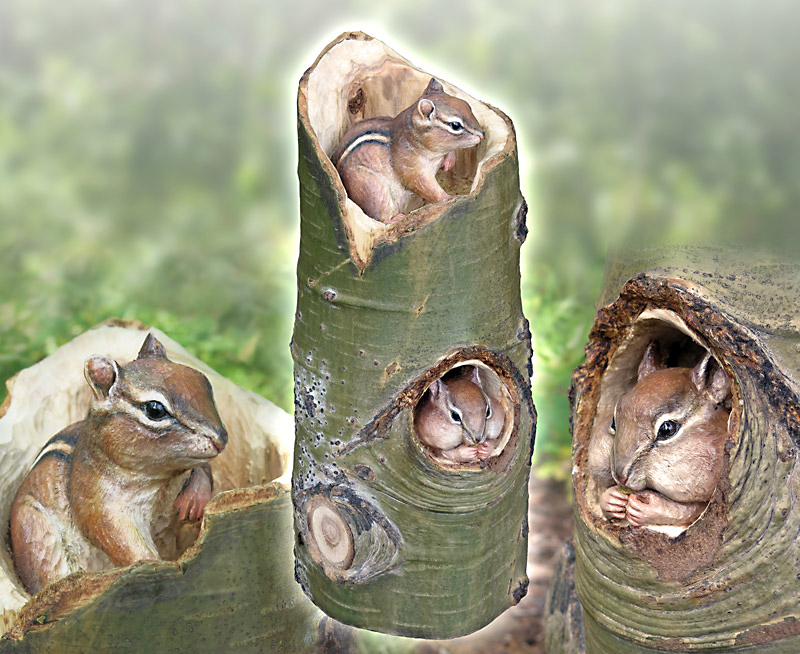 two chipmunks carved into tall poplar stump