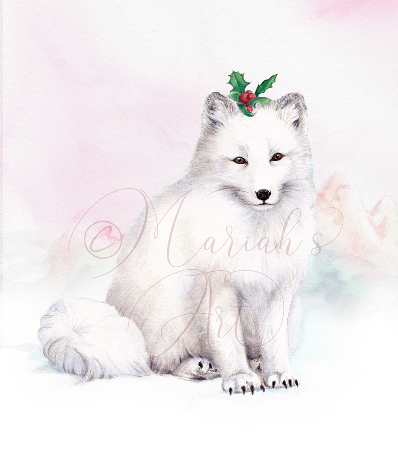 arctic fox wearing holly sprig