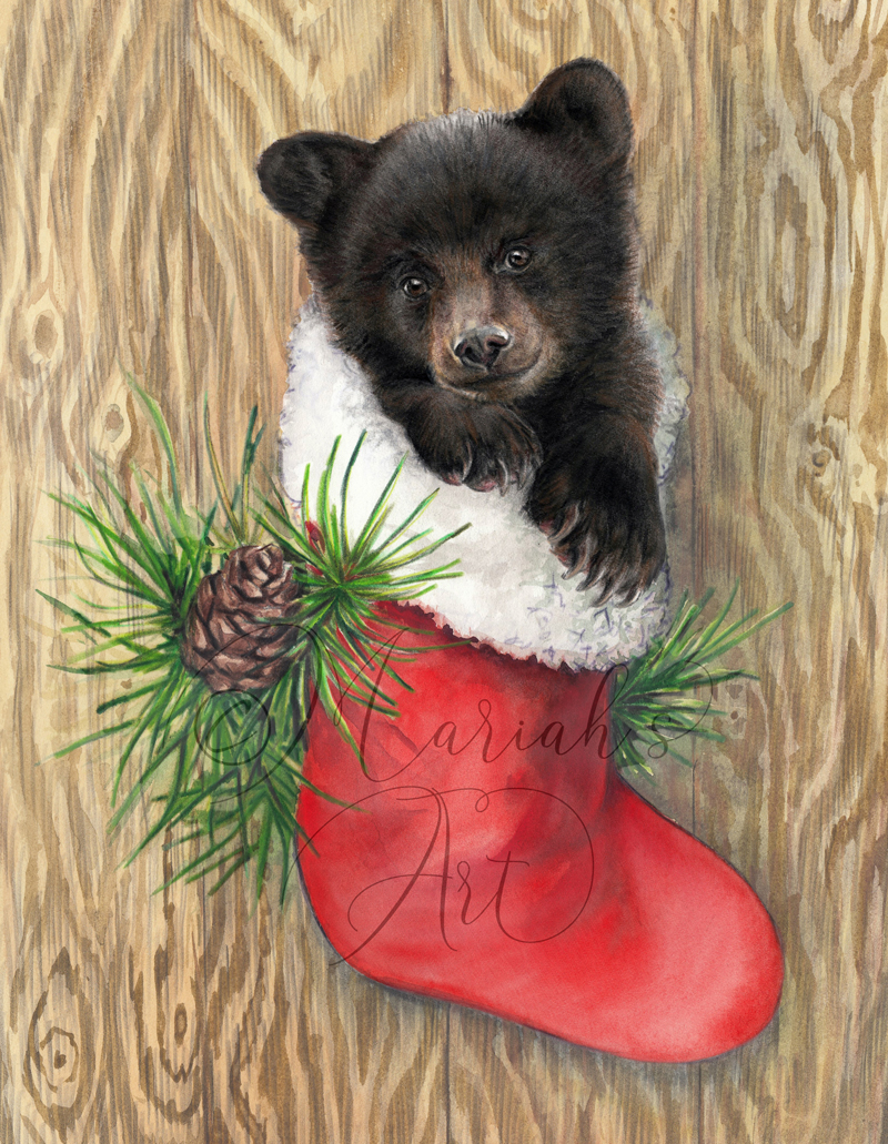 black bear cub in christmas stocking