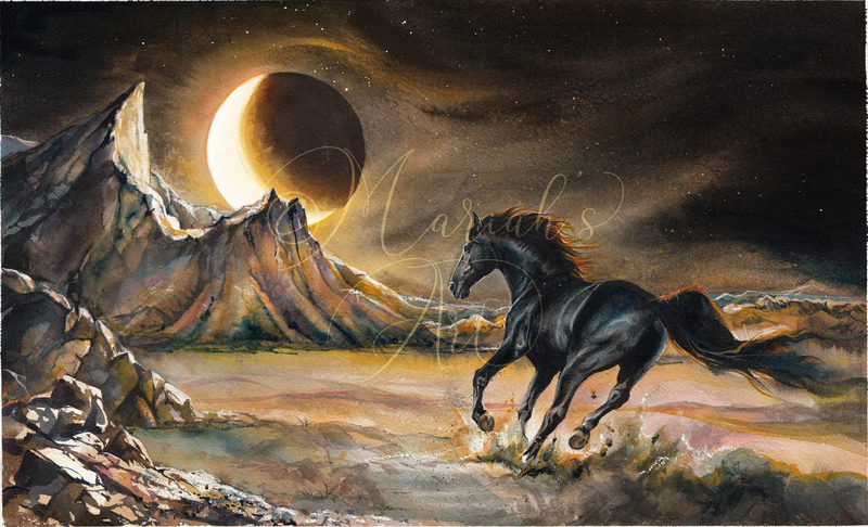 black horse races through desert watercolour painting