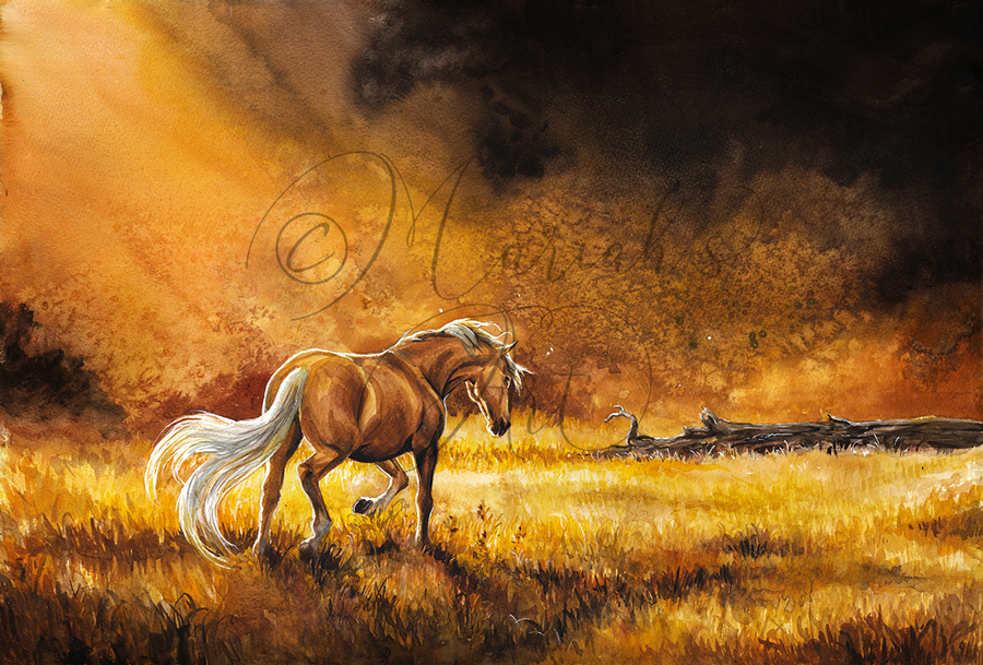 sunlit palomino horse trots across golden field watercolour painting