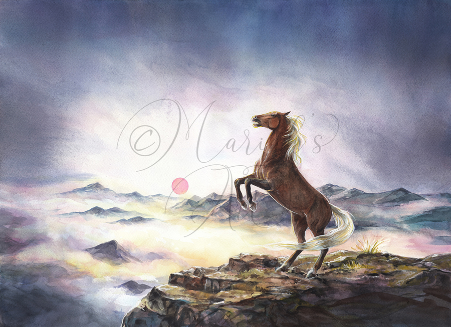 liver chestnut horse rears on mountaintop watercolour painting
