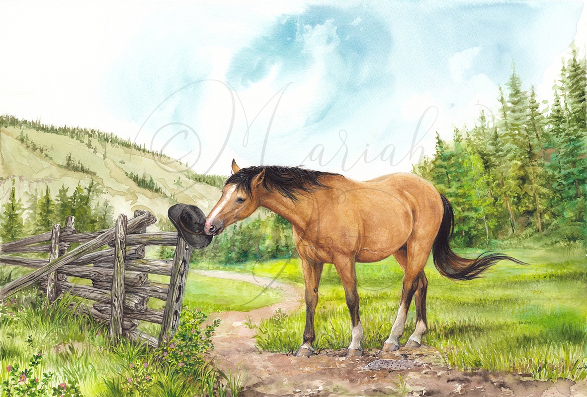buckskin horse eats old cowboy hat watercolour painting