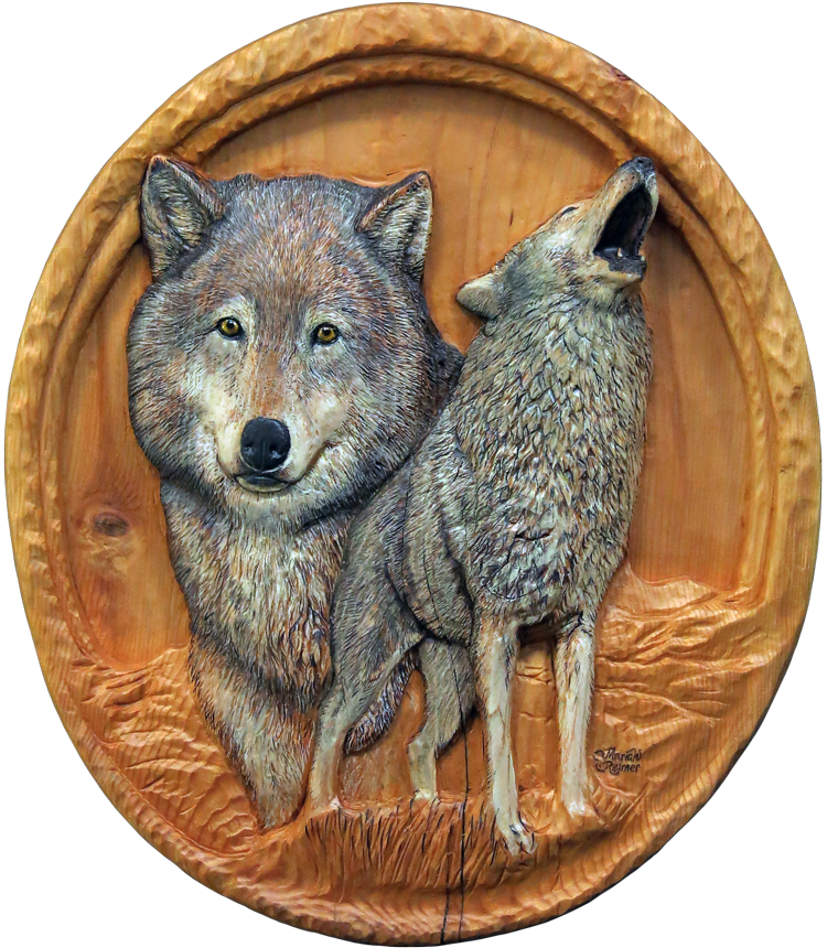Western Red relief carving of wolves