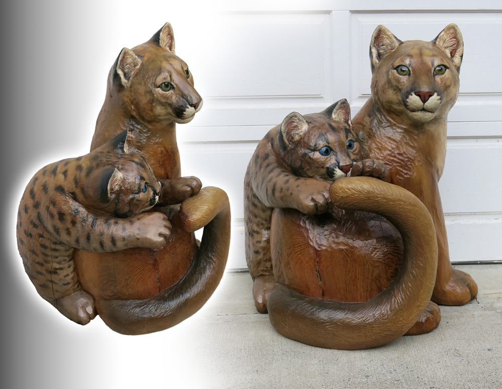 life-size cedar cougar mom and cub